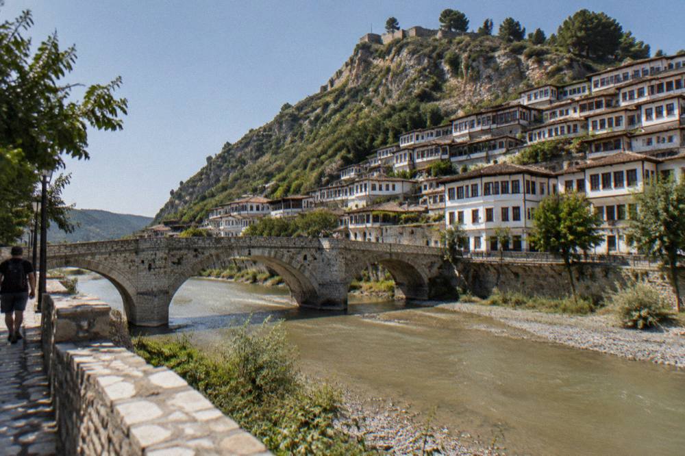 A stone bridge crossing the Osum River between the Mangalem and Gorica quarters of Berat