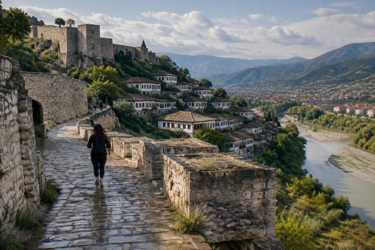 White Ottoman houses stacked on a hillside above the Osum River in Berat