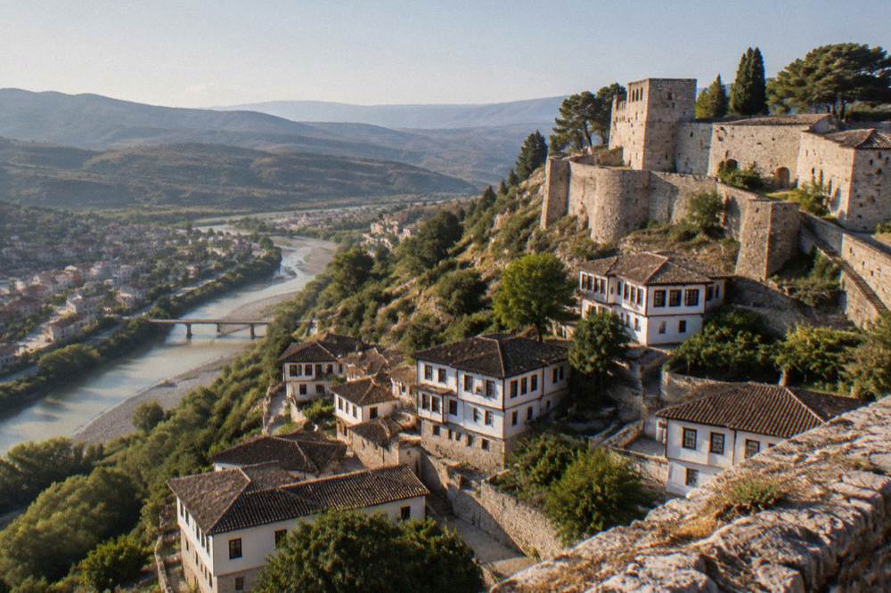 Whitewashed Ottoman houses with many windows stacked on a hillside in Berat, Albania