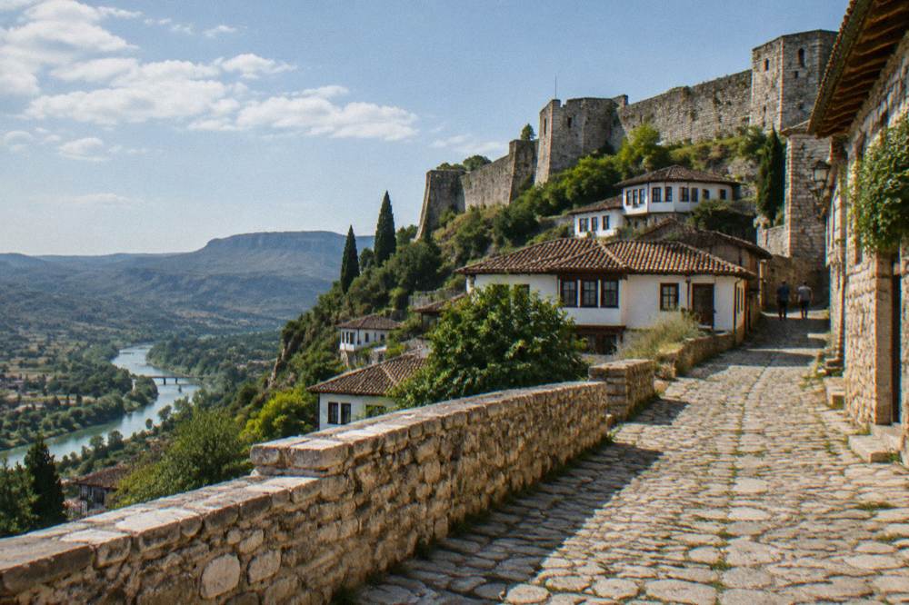 View up the hillside of white Ottoman houses toward the stone walls of Berat Castle