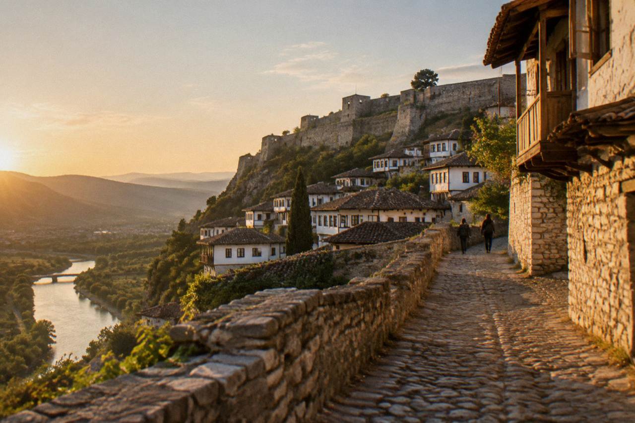 Berat Castle walls rising above the white Ottoman houses on the Mangalem hillside