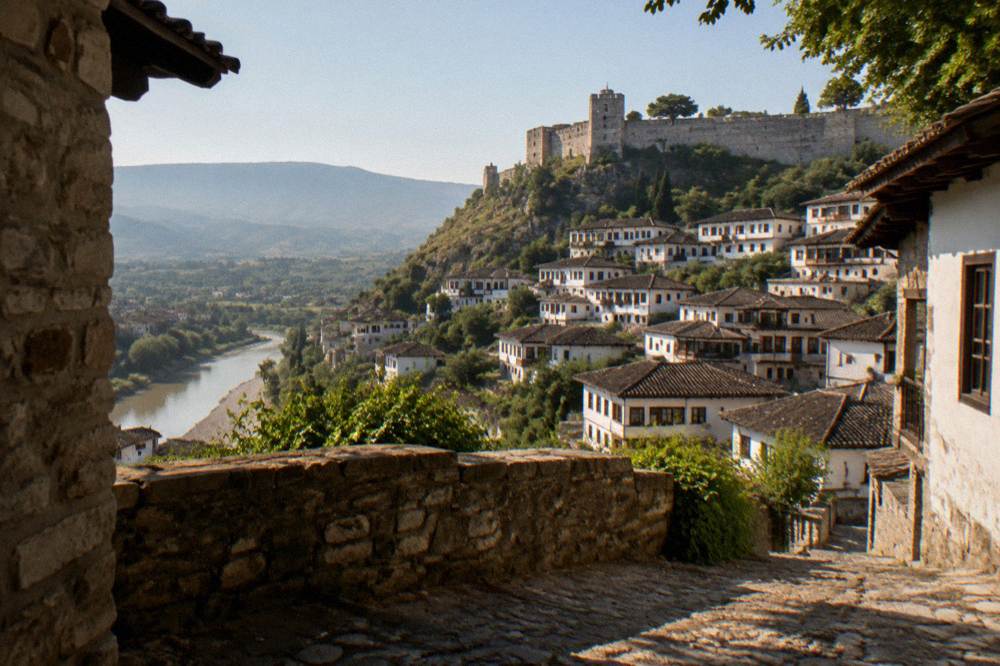 White Ottoman-era houses stacked on a hillside above the Osum River