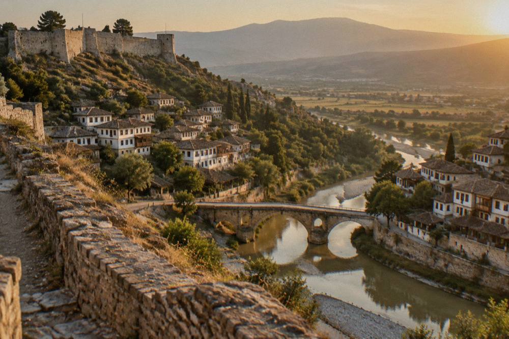 Stone bridge over a calm river between two old neighbourhoods in Berat