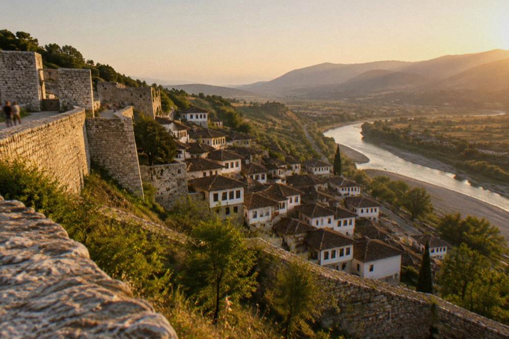 White Ottoman houses stacked on a hillside above a river in Berat, Albania