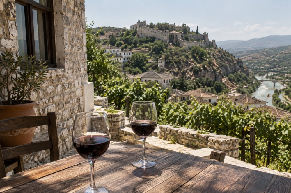 Glasses of red wine on a wooden table beside a stone village house and vineyard hills
