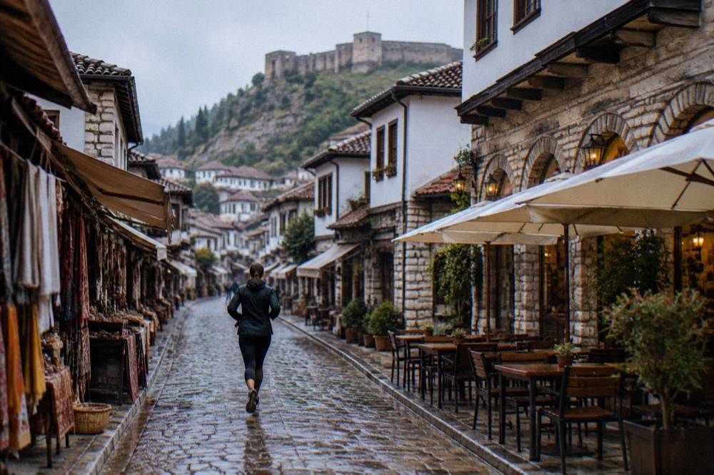A stone street in Berat old town with cafe tables set out beside whitewashed Ottoman houses