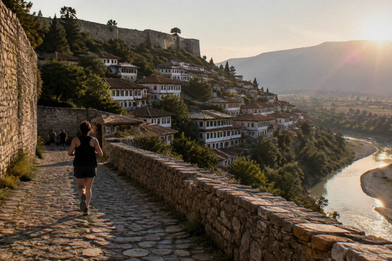 Cobblestone street of white Ottoman houses with wooden windows in Berat old town