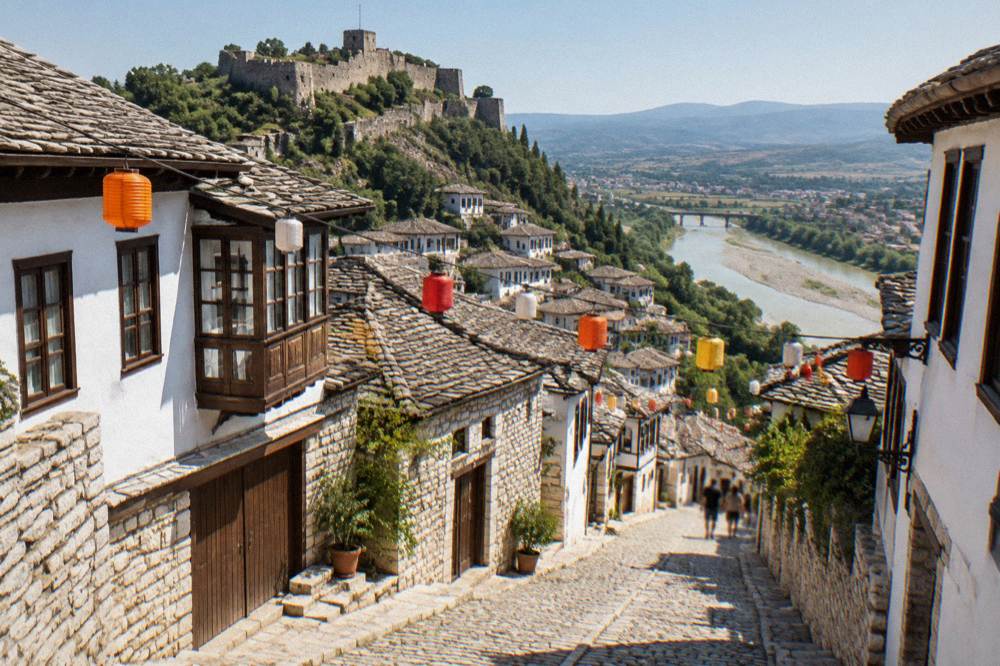 Cobblestone street of white Ottoman houses in Berat with festival lanterns strung overhead