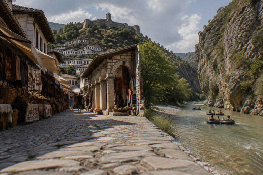 River tubing group drifting between high canyon walls on the Osum river in Albania