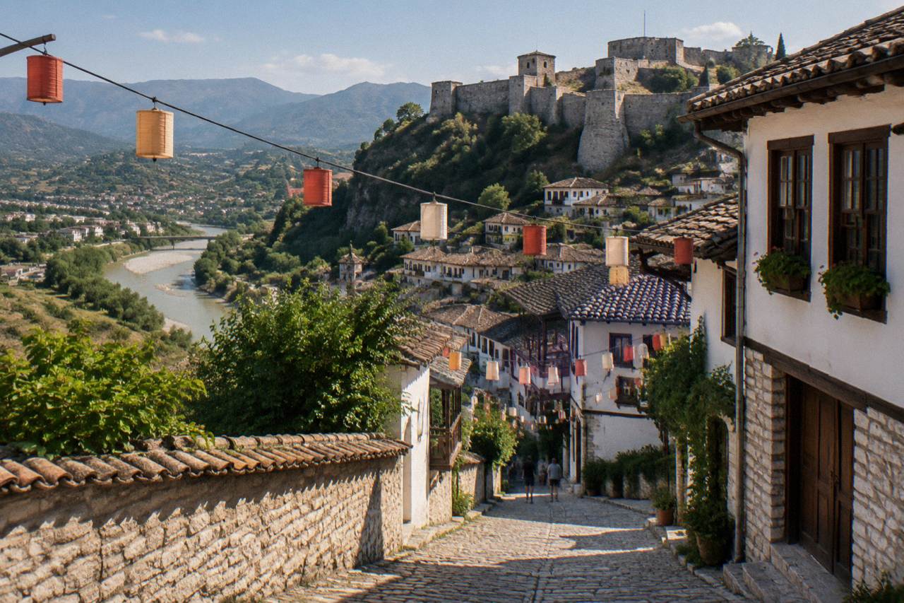 Cobblestone street of white Ottoman houses in Berat with festival lanterns strung overhead