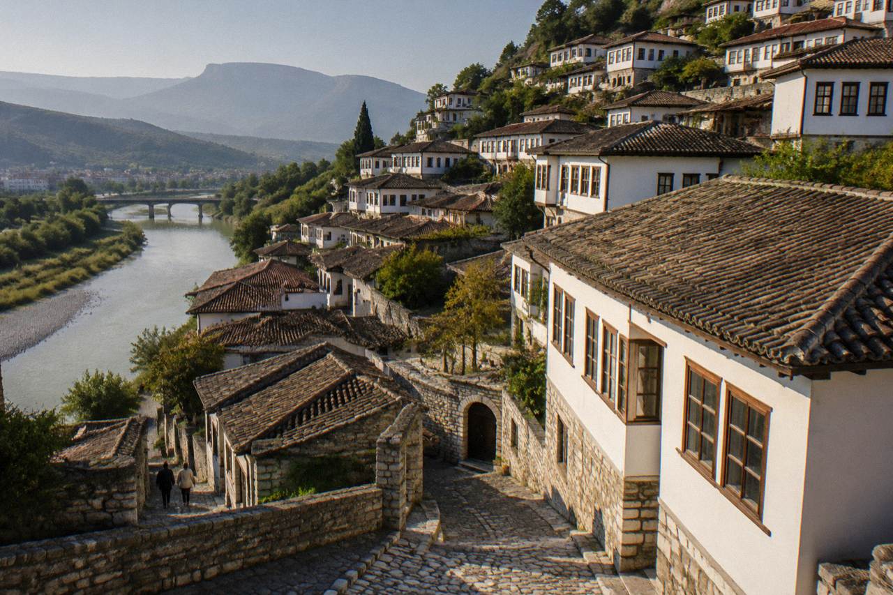 White Ottoman houses stacked on a hillside above a river in an Albanian town