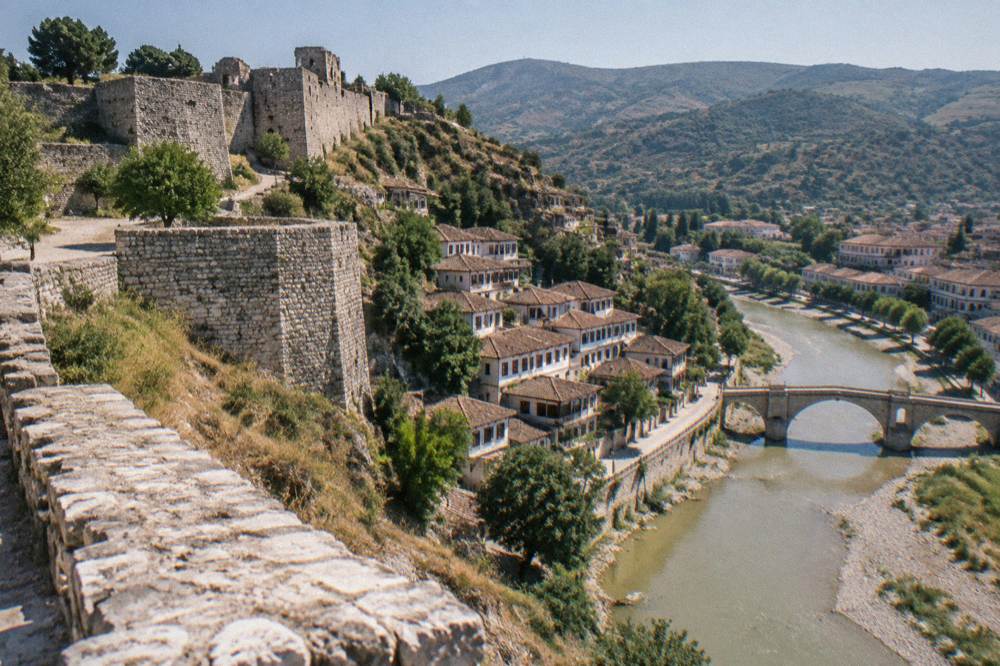 White Ottoman houses with rows of windows stacked above a river and stone bridge
