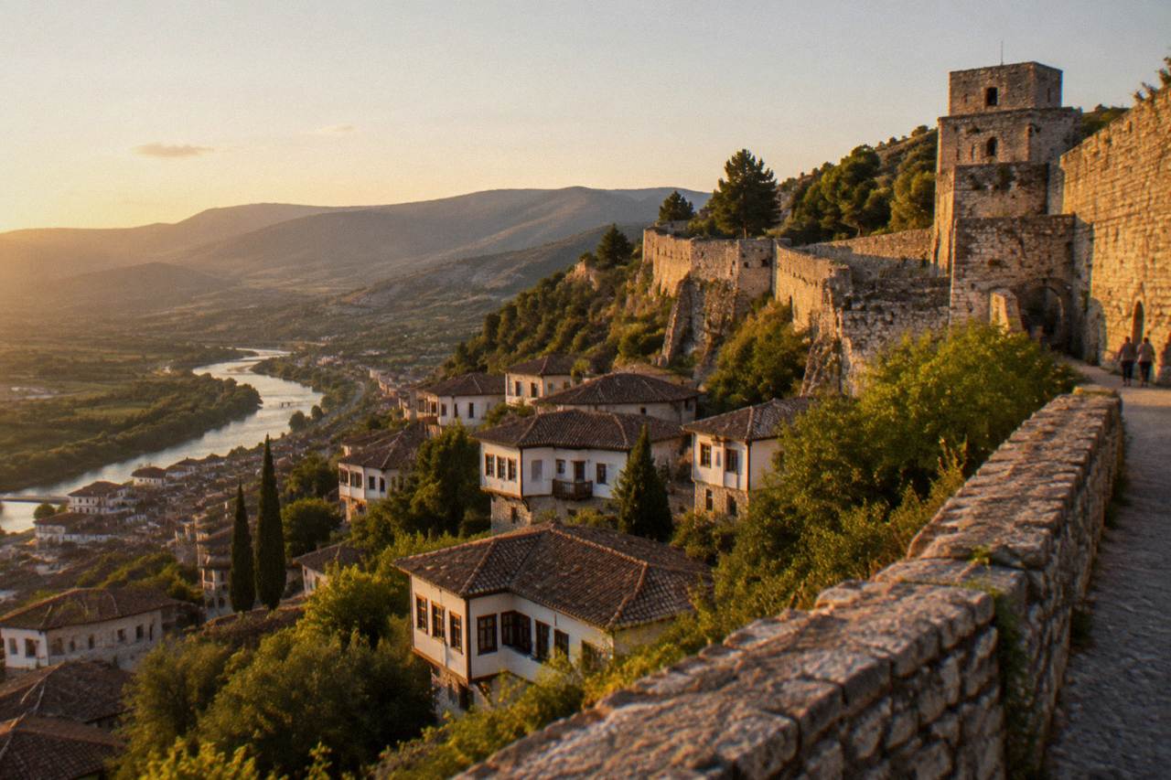 Stone walls and towers of Berat Castle rising above the old town of Berat in Albania