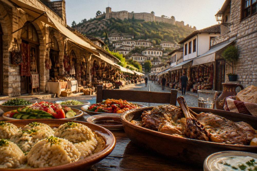 A rustic wooden table in Berat filled with Albanian dishes, bread, olives, cheese and glasses of red wine