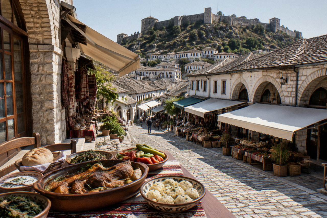 A rustic wooden table in Berat filled with Albanian dishes, bread, olives, cheese and glasses of red wine