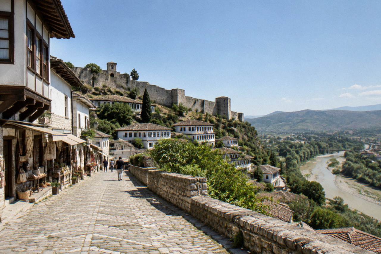 Cobbled Ottoman-era street in Berat lined with small shop fronts