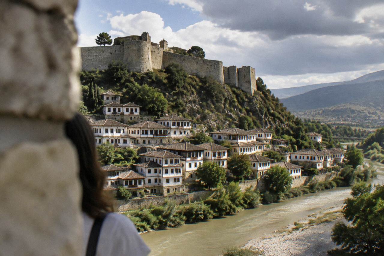 White Ottoman houses stacked on a hillside above a river in Berat