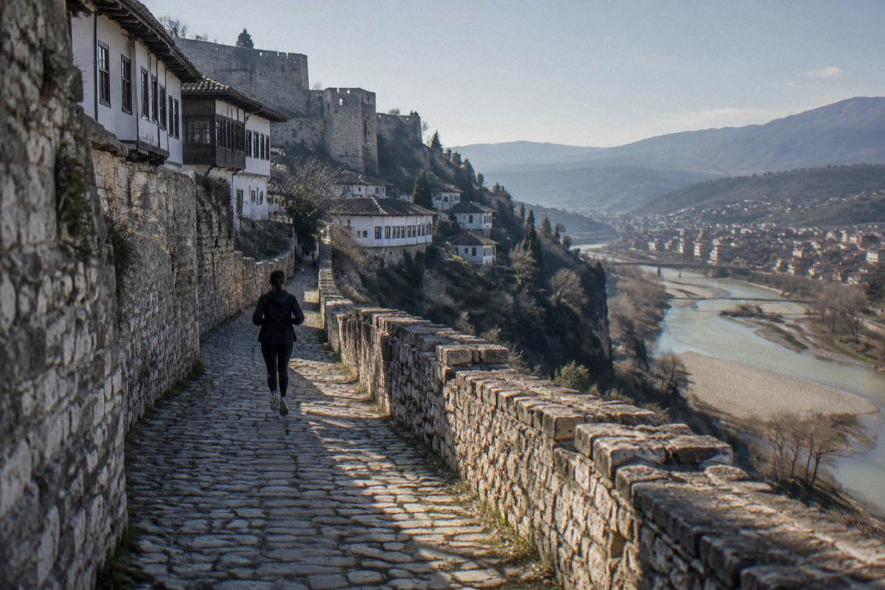 White Ottoman houses stacked on a hillside above the Osum River in Berat