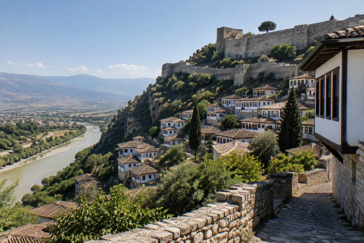 White Ottoman houses stacked on a hillside below a stone castle in Berat, Albania