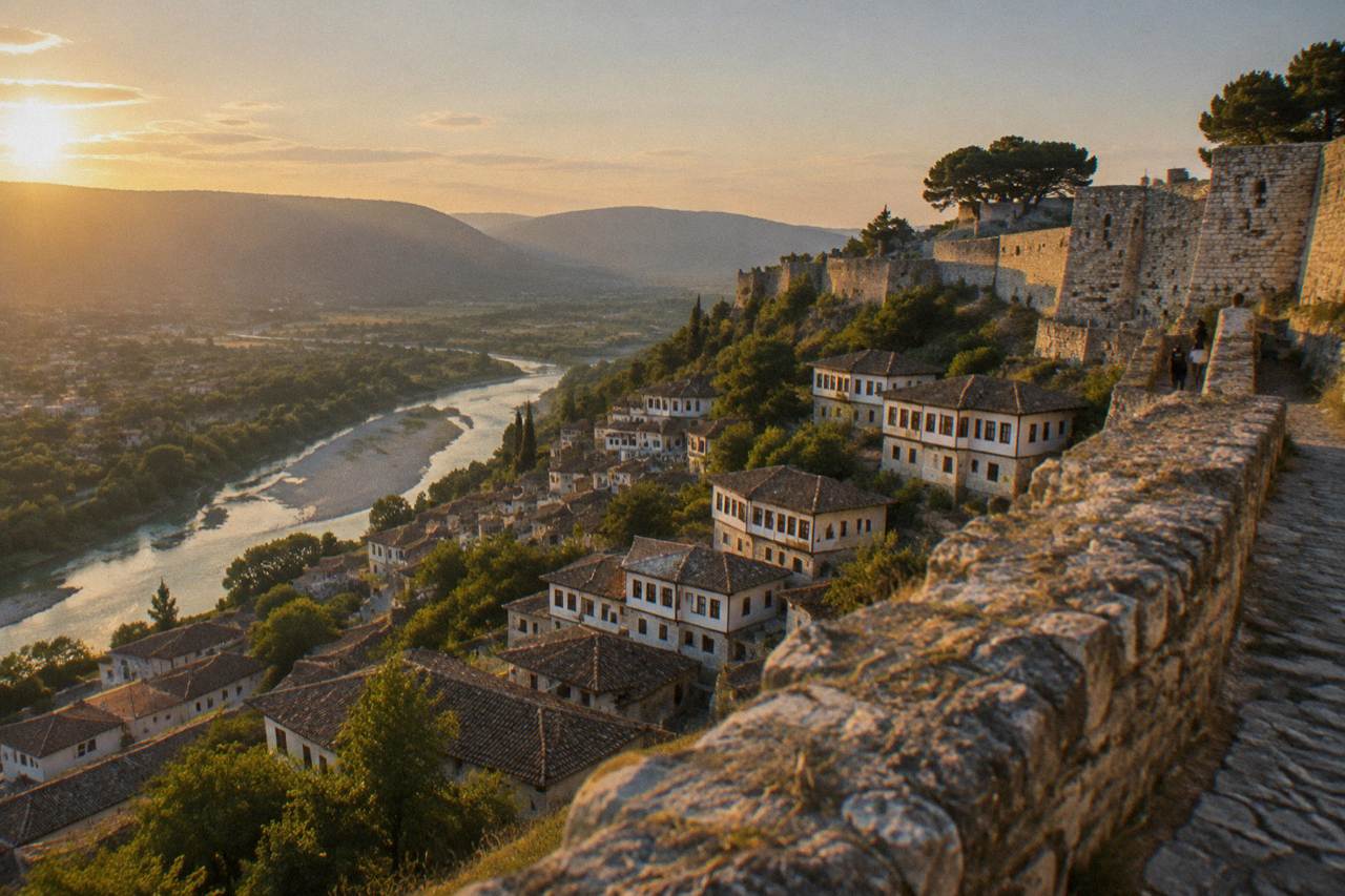 White Ottoman houses stacked on a hillside above the Osum River in Berat