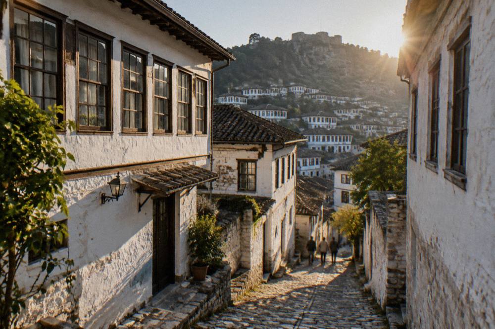 A narrow stone-paved lane between tall whitewashed houses in an old Ottoman quarter