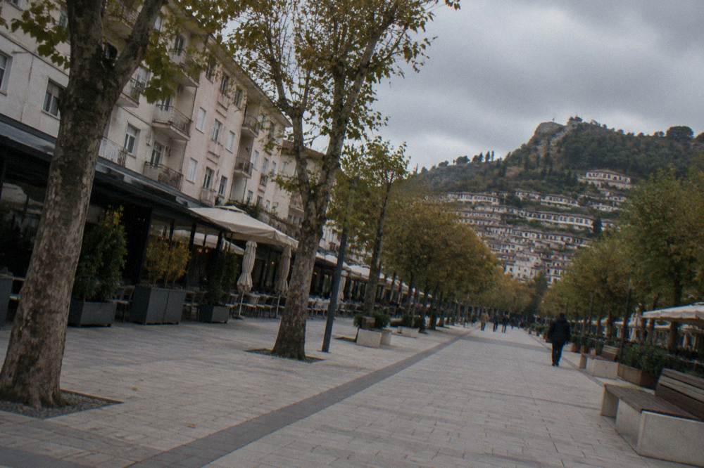 Wide town boulevard with trees, low buildings and a hillside of old houses behind