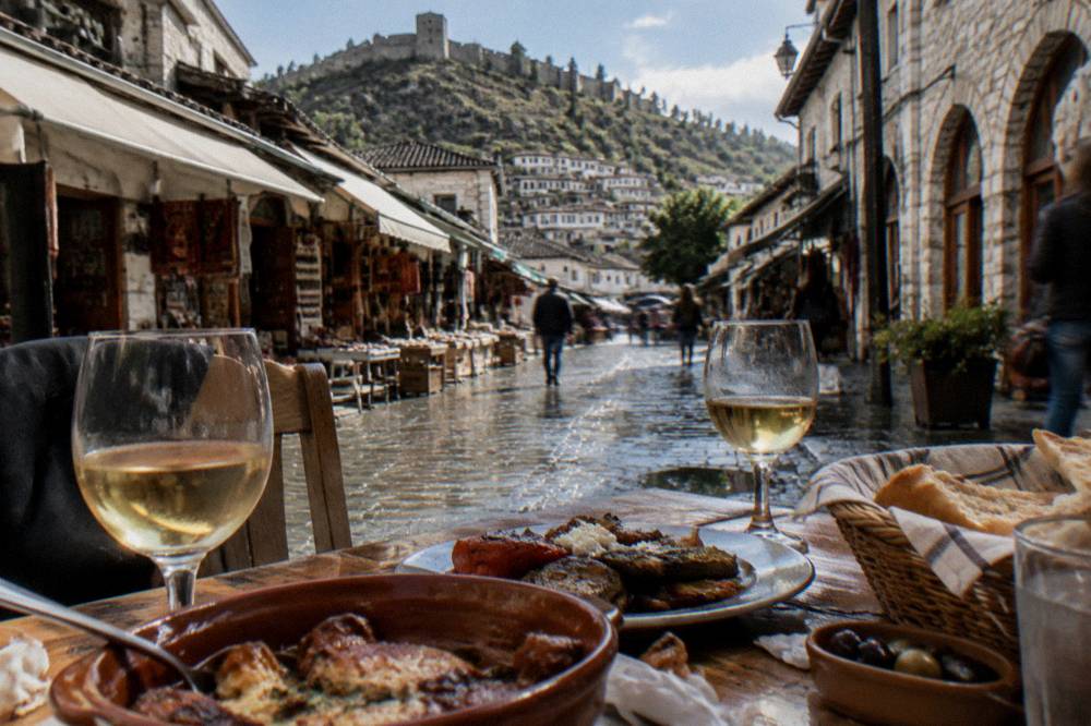 Rustic table with traditional Balkan dishes and glasses of white wine