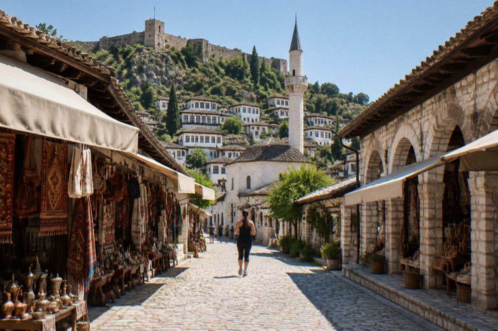 Small Ottoman-era stone mosque with a slender minaret rising above whitewashed houses in Berat's old town