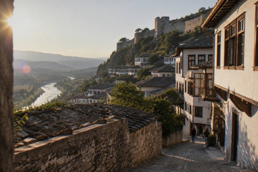 Whitewashed houses with rows of windows stacked on a hillside above a narrow stone street in Berat