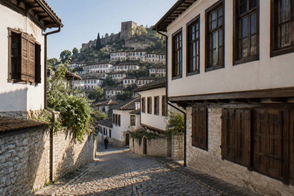 Narrow cobbled street in Mangalem lined with white Ottoman houses and wooden shutters