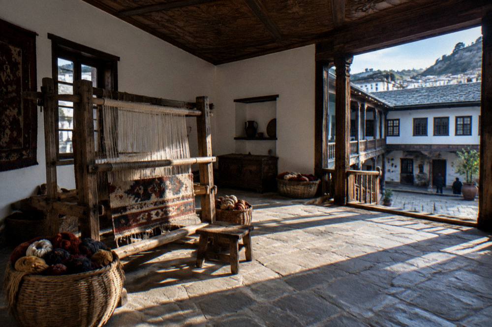 Traditional loom with a half-woven rug and baskets of dyed wool thread in a stone-floored room