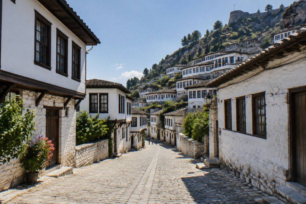 A narrow stone street in Mangalem with white Ottoman houses rising on both sides