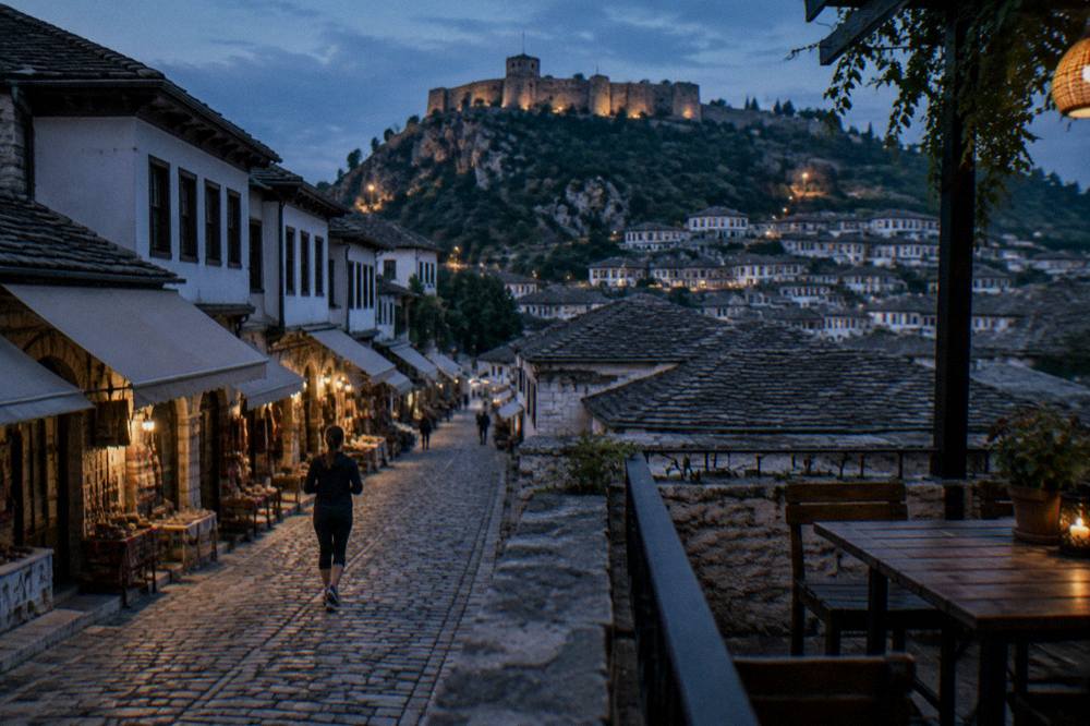 A guesthouse terrace looking out over the rooftops of Berat's old town