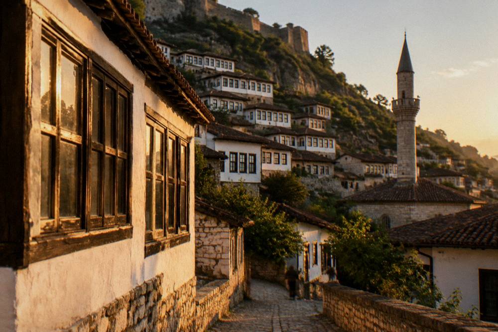 Golden late light on the whitewashed walls and windows of Mangalem with a minaret in shadow