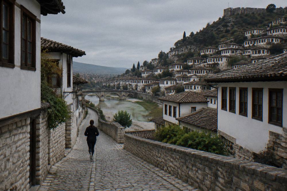 A shaded cobbled street in Mangalem curving downhill toward the Osum River and Gorica Bridge
