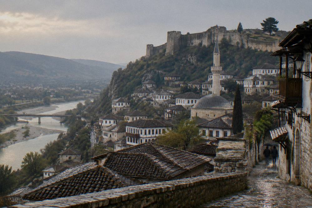 Early morning light on stone streets and mosque rooftops in Berat with hills behind