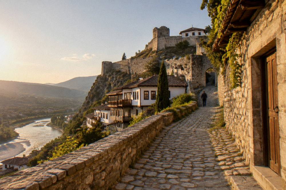 Quiet cobbled street in Berat with stone walls and a doorway in soft afternoon light