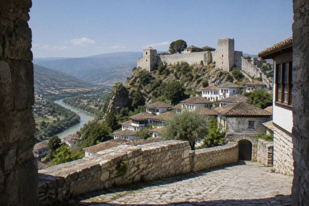 Sunlit stone towers and walls along the ramparts of Berat Castle
