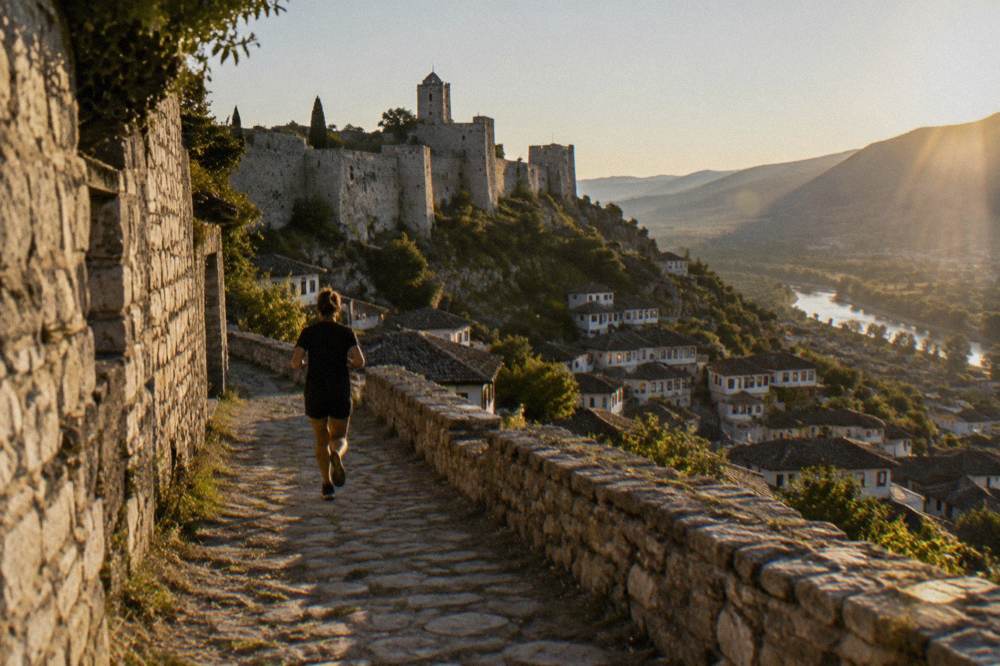 Berat Castle walls and stone towers above the white rooftops of the old town