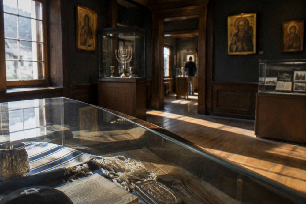 Displayed religious icons on the dark walls of a museum gallery