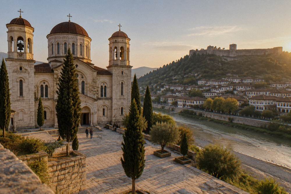White Ottoman houses rising up a hillside toward castle walls above a river running through Berat