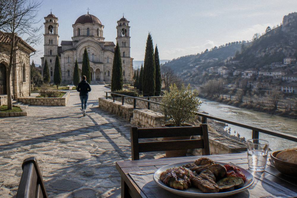 A guesthouse terrace above a river with a plate of grilled local food on a table