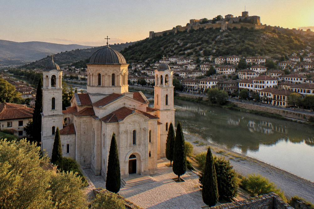A hillside town with castle walls above a calm river reflecting the houses at dusk
