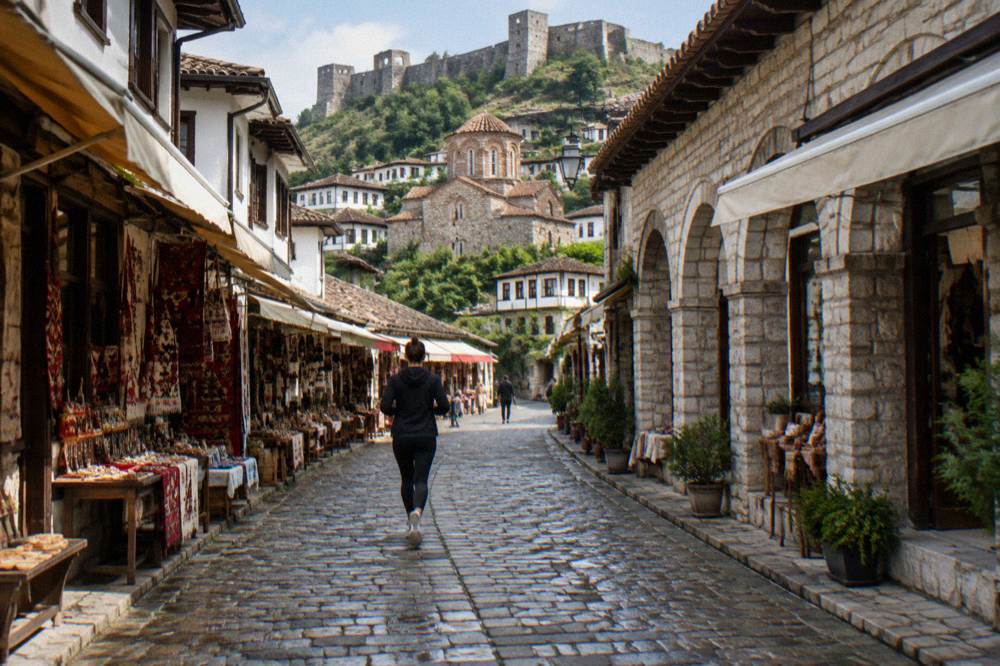 Stone church with a tiled roof among the whitewashed houses of the Berat old town