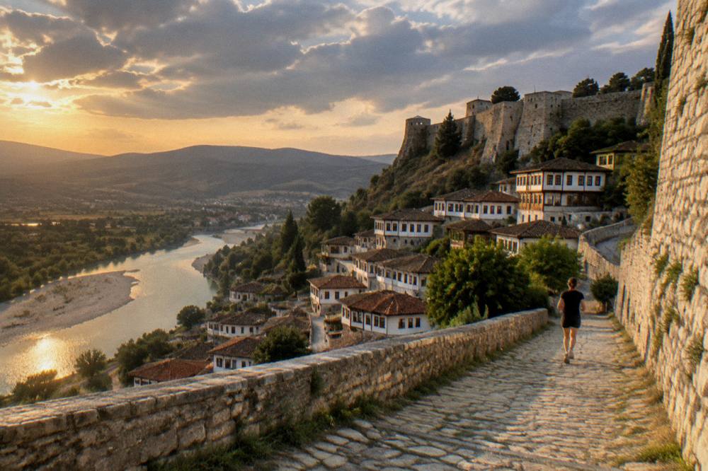 Overview of the Berat hillside at golden hour with castle walls above and the river curving below