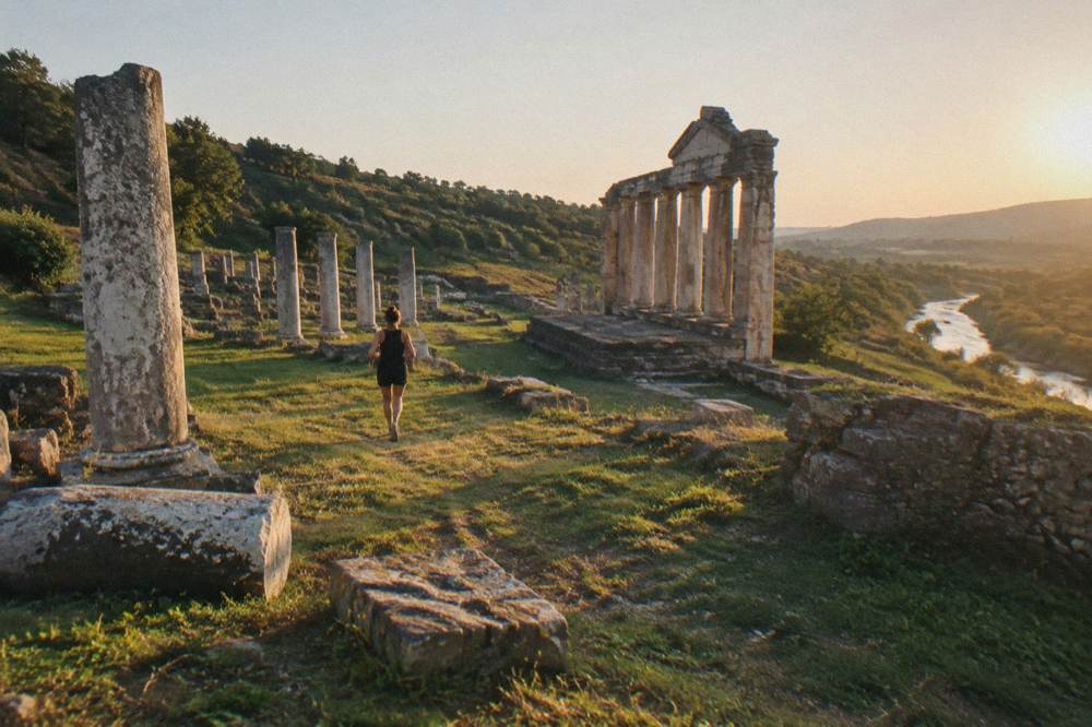Wide view of ancient ruins on a green hillside with scattered stone columns