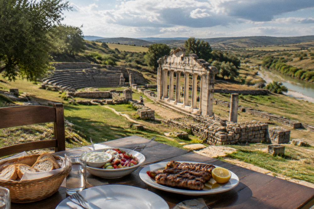 A simple village restaurant table set with bread, salad and grilled food outdoors