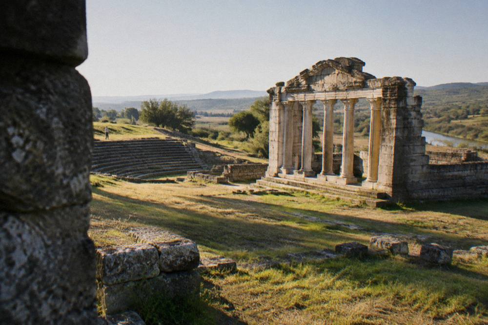 Ancient columns lit by low golden morning light over open grassland
