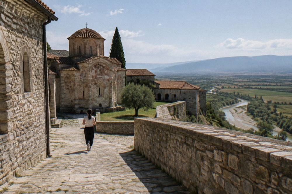 A panoramic view of flat farmland and distant hills seen from a monastery terrace