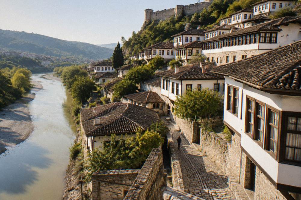 The white Ottoman houses of Mangalem stacked on the hillside above the Osum River in Berat